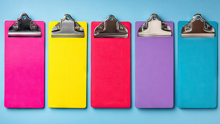 Four colorful clipboards of different colors are arranged in a row on a light-blue background. Each clipboard has a metal clip.の素材