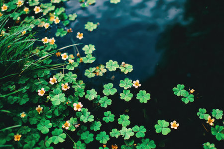 High-angle close-up view of various vibrant green plants with small, delicate yellow flowers, gently floating on a dark body of still water.  The image showcases the intricate details of the foliage and flowers in a natural setting.の素材