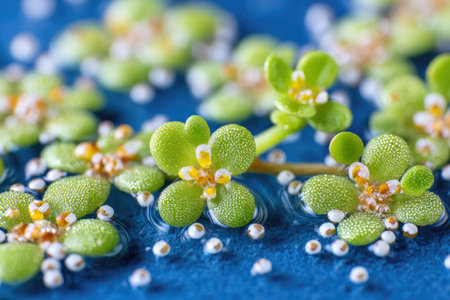 Close-up view of small, aquatic plants, exhibiting intricate details of their leaves, flowers, and the water droplets on their surfaces. The plants appear to be floating on a surface of water, creating a beautiful visual display of nature's intricate beauty.の素材