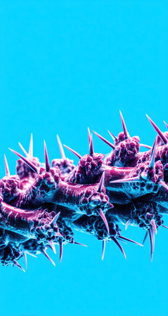 Digital rendering of a series of spiky, textured forms in a row.  The forms are a mix of purple and magenta colors.  They are placed against a vibrant blue background and feature sharp spikes, creating a visually complex and interesting image.の素材