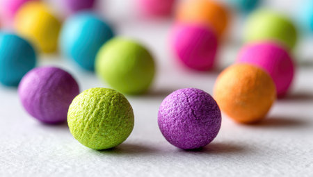 Close-up image of a group of colorful, textured spheres. The spheres are various shades of vibrant colors, including pink, orange, purple, green, and blue. The focus is on a few spheres in the foreground, while the background spheres are slightly out of focus. The textured surface of the spheres is evident in the image.の素材