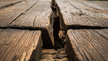 Close-up view of the weathered and cracked surface of wooden planks, showcasing the natural grain and texture of the aged wood.  The planks are joined together and display various levels of weathering and cracking.の素材