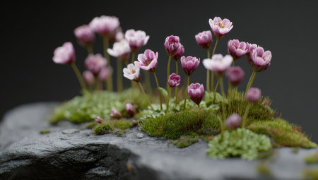 Close-up view of small, delicate pink and white flowers growing on a bed of moss that is nestled on a dark gray stone. The focus is on the intricate details of the flowers and the texture of the moss.の素材