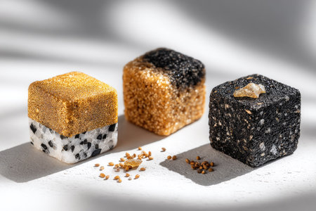 Three square-shaped, gourmet treats in gold, black, and white.  The treats are textured and appear to be layered with various ingredients.  They are presented on a light surface with soft shadows.  The image highlights the visual appeal and intricate details of each treat.の素材