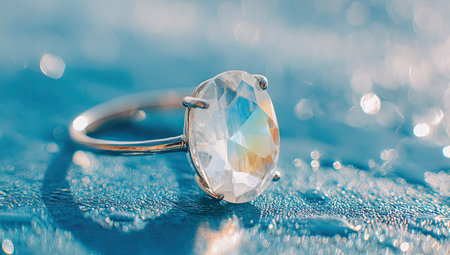 Detailed close-up of a silver ring featuring a large, faceted gemstone. The ring sits on a surface with water droplets and bokeh effects, showcasing the light refractions and sparkle of the gem. The overall aesthetic is elegant and luxurious.の素材