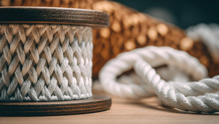 Close-up image of a wooden spool filled with white braided rope.  The rope has a textured pattern of braids and is tightly wound around the spool.  Other lengths of rope are also visible in the background.の素材
