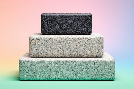 Three rectangular blocks of mottled stone, stacked vertically, creating a small display platform. The blocks feature a speckled pattern and are a muted array of muted pastel and neutral colors, placed against a backdrop of a gradient in soft pink, mint, and pale teal colors.の素材