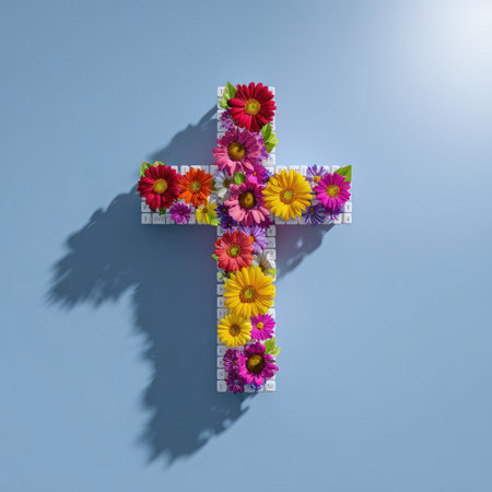 Decorative arrangement of colorful flowers arranged to form the shape of a cross. The cross is composed of small white keyboard keys, each holding a variety of small, colorful flowers. The design is presented against a light blue background.の素材