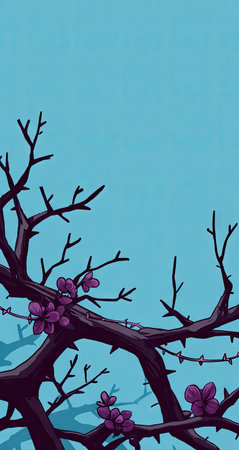Detailed illustration of a barren tree with purple blossoms against a pale azure sky. The branches are thick and spiky, with small flowers scattered along them. The background is a solid light blue. The image is well-composed and conveys a feeling of tranquility and artistic design.の素材