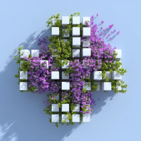 Digitally rendered design of a wall-mounted structure composed of interconnected white cubes.  The cubes are densely covered with flourishing green vines and clusters of vibrant purple flowers.  The overall effect is a visually appealing and modern floral wall art piece.の素材
