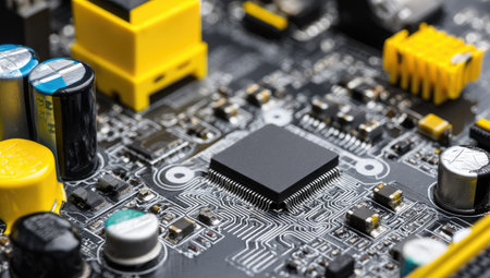 High-resolution close-up image of a complex printed circuit board, showcasing various electronic components, including capacitors, resistors, and a central integrated circuit chip. The intricate network of conductive traces on the board is also clearly visible.の素材