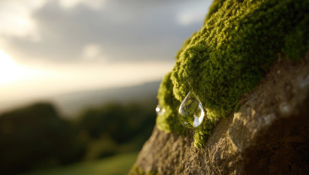 Close-up view of a dewdrop clinging to a patch of vibrant green moss growing on a light brownish-gray stone.  The sunlight illuminates the drop, revealing its crystalline clarity.  A blurred background of trees and a landscape are visible.の素材