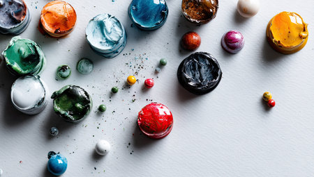 High-angle close-up view of various colorful paint containers and drips on a light gray surface.  The paint is in different shades and tones, creating a vibrant and colorful design.  The containers and drips are different sizes and shapes.  The surface is smooth and light gray.の素材