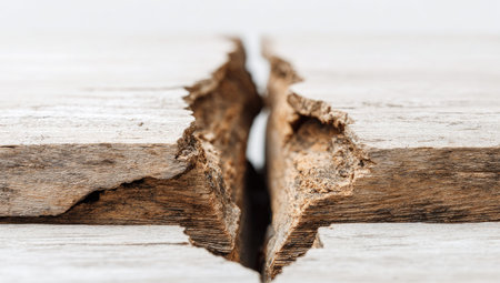 Detailed close-up image of a weathered wooden plank with a visible crack running through the center. The wood exhibits variations in color, from light gray-white to deep brown, suggesting age and exposure to the elements. The plank's wood grain is prominent, and the crack shows the internal structure of the wood. The image is focused on the textures and details of the wood, highlighting the natural beauty of the material.の素材