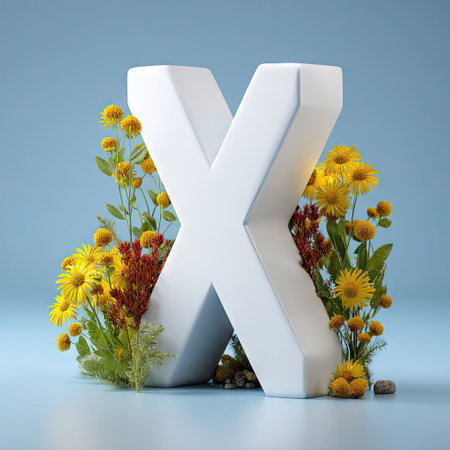 Three-dimensional rendering of the capital letter X.  The letter is rendered in white and is surrounded by a variety of autumn-colored flowers and greenery. The flowers are a mix of yellow, orange, and red tones. The greenery is various shades of green.  Small stones or pebbles are situated at the base of the letter. The background is a light, cool blue tone.の素材