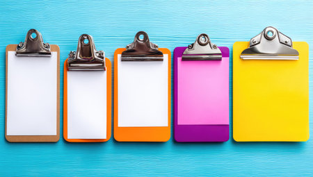Row of colorful clipboards with blank white papers arranged against a bright teal wooden background. Each clipboard displays a solid color in a variety of shades.の素材