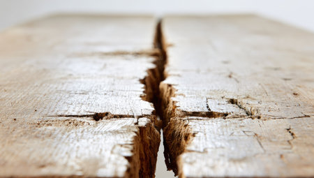 This image showcases a close-up view of a weathered wooden plank. The plank exhibits various textures and patterns, including wood grain, visible cracks and crevices, and a blend of light and dark tones. The plank's surface reveals the marks of time and use, giving it a rustic and antique aesthetic.の素材
