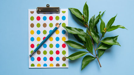 Clipboard with a polka dot pattern, a teal colored pencil, and a small branch with green leaves and yellow buds on a light blue background.の素材