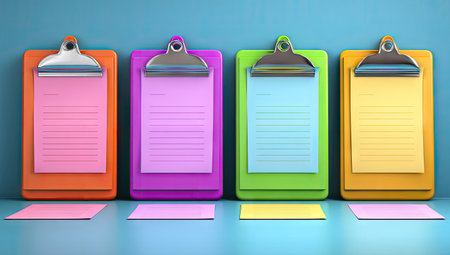 Four colorful clipboards with lined paper, in a row against a light blue background.  Each clipboard is a different vibrant color, and each has a sheet of lined paper.  The clipboards rest on a light-colored surface.の素材