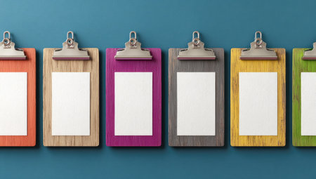 Collection of blank wooden clipboards in different colors are displayed against a teal background. Each clipboard has a blank piece of white paper inside.の素材