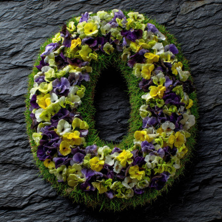 Floral wreath in the shape of the letter "O" is composed of various colorful flowers, including shades of yellow, purple, and white, arranged on a bed of faux grass. The wreath is displayed against a dark stone surface, emphasizing the vibrant colors and meticulous arrangement of the flowers.の素材