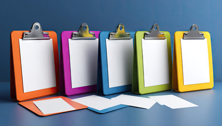 Collection of five colorful clipboards with blank pieces of paper. They are arranged on a blue surface, arranged in a row, and are in various vibrant colors.  The clipboards are rendered with a 3D style, and have a contemporary design.の素材
