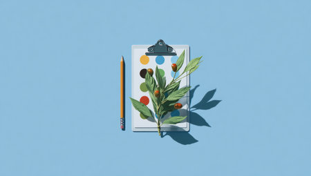 Clipboard with a color chart design, featuring various shades and hues, and a sprig of foliage resting on top.  The overall composition is simple and visually appealing, arranged on a light blue background. The image projects a calm and organized aesthetic.の素材