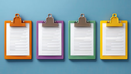 Four clipboards of different colors, each with a sheet of blank lined paper, are displayed on a light-blue background. The clipboards are arranged horizontally.  The clipboards are simple and modern in design, with a metal clip and a pastel color scheme.の素材