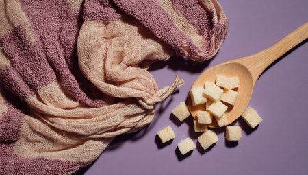 Wooden spoon filled with small, light-colored sugar cubes is placed on a purple surface. A piece of light beige and mauve fabric/cloth is on top of the surface.の素材