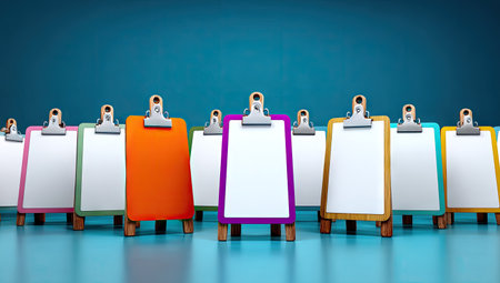 Group of clipboards, each with a blank sheet of paper, are displayed on small wooden easels. The clipboards and stands come in various bright colors. The background is a teal color, creating a vibrant contrast against the stands.の素材