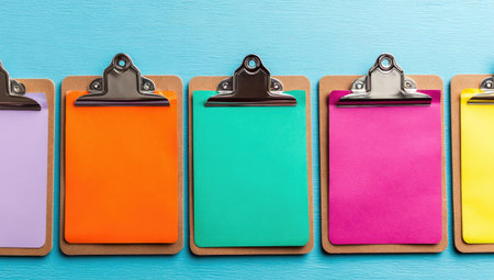 Horizontal, overhead shot shows a collection of five clipboards, each with a vibrant, solid-color sheet of paper inside. The clipboards are arranged in a row against a light blue background. The colors of the sheets are diverse and eye-catching, creating a visual impact.の素材