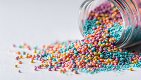 Close-up image of colorful, small, round sprinkles spilling from a clear glass jar onto a light gray surface. The sprinkles are a mix of pastel colors, including pinks, oranges, yellows, greens, and blues. The image shows a variety of colors mixed together.の素材