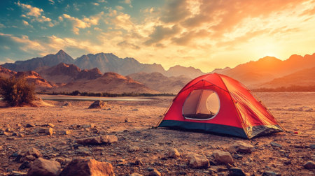 mountains in the background, tent set on rocky terrain, dawn light --chaos 30 --ar 16:9 --v 6.1 Job ID: 6596cca2-6e29-430c-ace0-6c71aa421649の素材