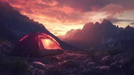 mountains in the background, tent set on rocky terrain, dawn light --chaos 30 --ar 16:9 --v 6.1 Job ID: 6596cca2-6e29-430c-ace0-6c71aa421649の素材