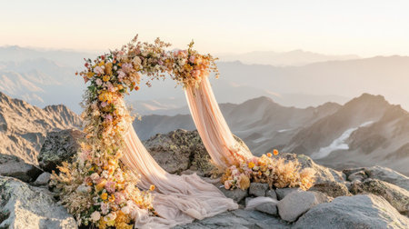 mountaintop wedding altar with floral arch, light flowing fabrics and sky view --chaos 30 --ar 16:9 --v 6.1 Job ID: d8d39bb9-fde8-4bff-a67c-76c7bef11448の素材