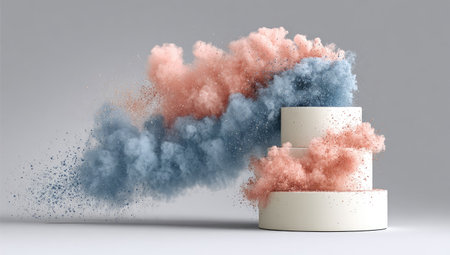 Three-tiered display of stacked white cylinders against a light-gray backdrop.  Pastel pink and blue powder appears to be exploding and swirling around the cylinders. The image is aesthetically pleasing and features a modern, minimalist design.の素材