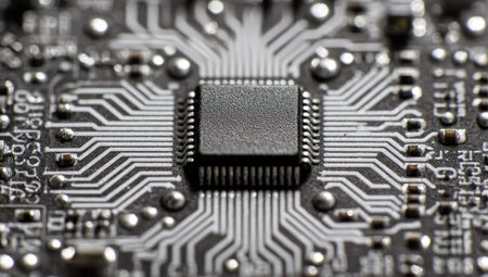 High-magnification view of a printed circuit board, showcasing the intricate network of conductive pathways and electronic components. The image highlights the precision and complexity of modern electronic design.の素材