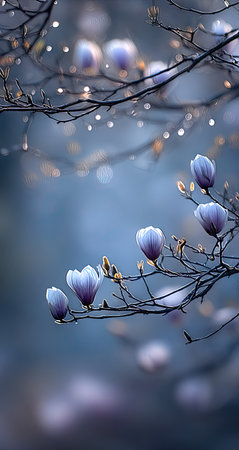 Close-up view of magnolia blossoms on a branch, with a soft, muted background and a focus on the delicate beauty of the flowers.  The image conveys a sense of peacefulness and tranquility, showcasing the soft colors and textures of spring. The blurred background adds to the dreamy and romantic atmosphere.の素材