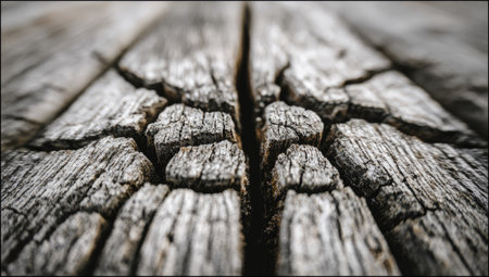 Close-up view of a piece of weathered wood, highlighting the intricate patterns and cracks in its surface. The image focuses on the fine details of the wood's texture.  The color palette is primarily shades of gray and black, showcasing the depth and character of the aged wood.の素材