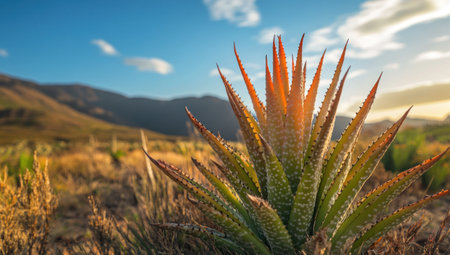 A unique and beautiful desert plant, Aloe ferox, set against the backdrop of mountains and a blue sky. The photograph was taken using a Sony Alpha A7 III camera. --ar 53:30 --v 6.1 Job ID: c743a824-d607-48a4-a6a0-1cc148a7641fの素材