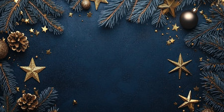 Christmas background with dark blue and gold colors, elegant design with fir branches, stars, and golden decorative elements on the left side of an empty space for text or a message. Christmas concept. View from above. Flat lay style. Copy space. Photo taken with a Canon R6 Mark II mirrorless camera, in the style of hyper-realistic Sony Alpha or Fujifilm, with professional focus and cinematic lighting. --ar 2:1 --v 6.1 Job ID: 83832136-153c-41ea-a7f3-92700c608b07の素材