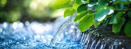 Water flowing from the spout of an outdoor water feature, with green leaves in soft focus in the background. The blue and clear, sparkling water reflects light as it cascades down to create a soothing visual effect. --ar 8:3 --v 6.1 Job ID: 8b7e7258-6200-4da9-942b-29c82e0b5b2dの素材