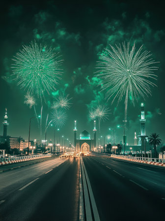 Green fireworks above the road leading to the Al-Tarim city mosque, a green sky, a night scene, a realistic photo, hyperrealistic, high-resolution photography. --ar 29:39 --v 6.1 Job ID: 395e4c36-0689-46d2-a920-9a51e26efc61の素材
