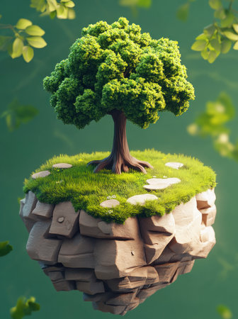 3D isometric tree on the top of an island, cute, mossy, cartoonish, game art style, simple design, low details, bright green background, no shadows, soft lighting, in the style of Pixar, in the style of Blender --ar 29:39 --v 6.1 Job ID: b8d81df2-dc05-47ac-9648-6f8c887aebeeの素材