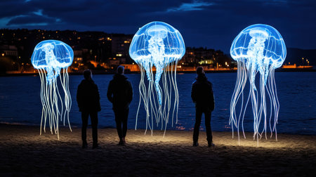 nighttime parade with bioluminescent jellyfish floats on a beachside boardwalk --chaos 30 --ar 16:9 --v 6.1 Job ID: a680fd94-0fd5-4564-97f8-98add73ea013の素材