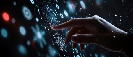 Hand touching a digital icon of a computer network with data, marketing, and business technology concepts on a dark background. --ar 7:3 --v 6.1 Job ID: 5bd2b29a-2aeb-465e-a55d-6b650236f50fの素材