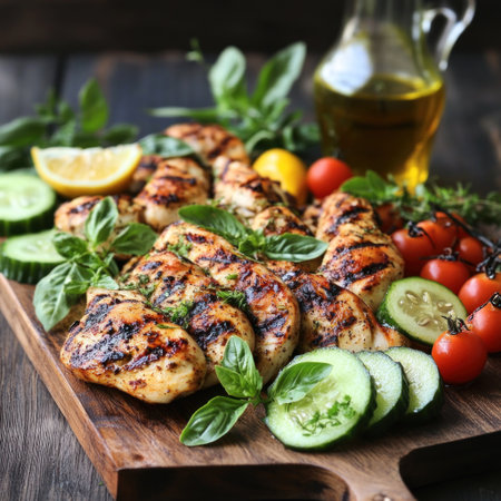 A platter of grilled chicken with various vegetables, served on an old wooden board. The scene includes lemon and lime slices for garnish, along with fresh herbs like basil or thyme to add depth of flavor. A glass vase filled with olive oil is visible behind the food, suggesting that it may be used for cooking. In front of the platter lie some cucumber slices, adding color contrast to the dish. This setting creates a rustic yet elegant atmosphere. --v 6.1 Job ID: bb69c3a4-cf01-4675-aa7d-18fef8b55418の素材