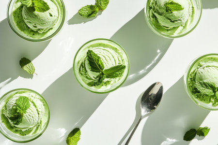 A top-down view of matcha ice cream in glass bowls, with mint leaves scattered around for decoration, on a white background. The focus is sharp, and the lighting is even to highlight the green color of the soft-serve texture. A spoon lies beside one bowl, adding an element of freshness. This photo was taken using a Canon EOS R5 camera. --ar 3:2 --v 6.1 Job ID: 07c48a9e-6ddc-4c65-9602-c5164000b4afの素材
