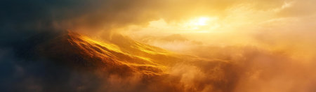 panoramic view of the mountain range in motion, golden grass on top of it, foggy valley below, sun shining through clouds, colorful sky, panoramic view from above, beautiful nature photography --ar 17:5 --v 6.1 Job ID: 547c6068-e480-43b1-a08c-cf79097f4336の素材