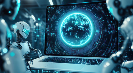 A laptop with a holographic blue background and futuristic elements around it, with a digital sphere on the screen, AI robots emerging from the laptop in a blue color theme, high resolution. --ar 78:43 --v 6.1 Job ID: f30bb245-b798-4b9a-96e8-10bb8ae3f7c6の素材